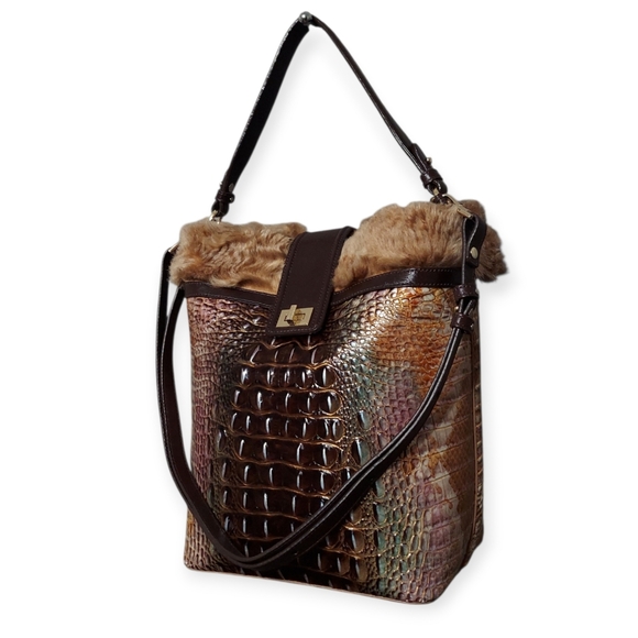 Brahmin Handbags - Brahmin Shira Genuine Shearling Croc Embossed Leather Bucket Shoulder Bag EUC